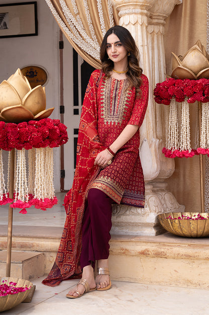 Red Ombre Gold Foil Printed Straight Kurta, Trousers and Dupatta Set