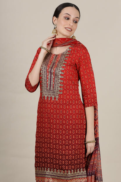 Red Ombre Gold Foil Printed Straight Kurta, Trousers and Dupatta Set