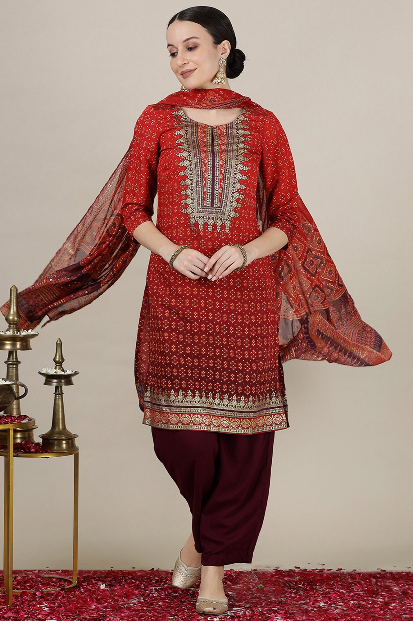 Red Ombre Gold Foil Printed Straight Kurta, Trousers and Dupatta Set