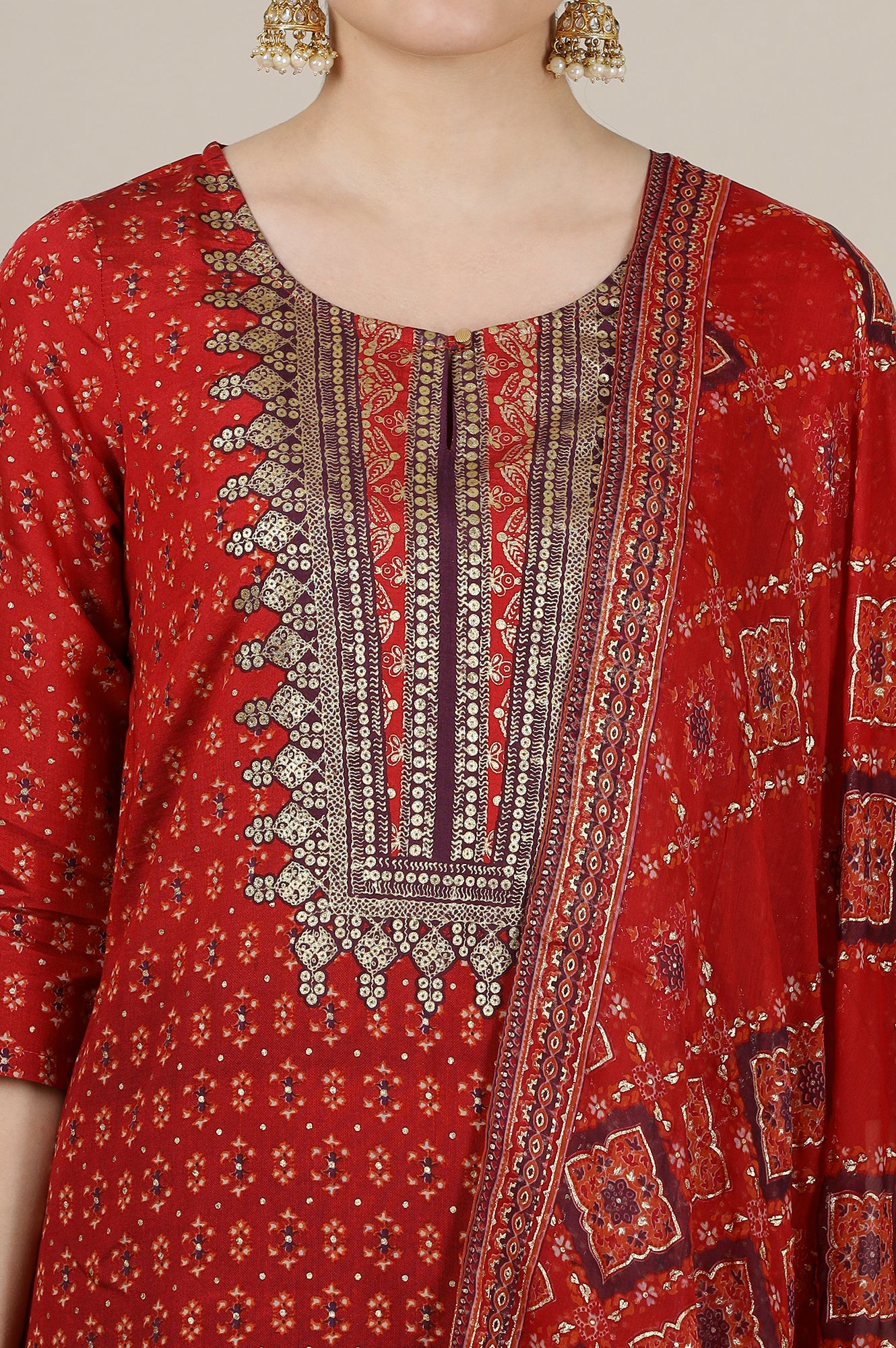 Red Ombre Gold Foil Printed Straight Kurta, Trousers and Dupatta Set