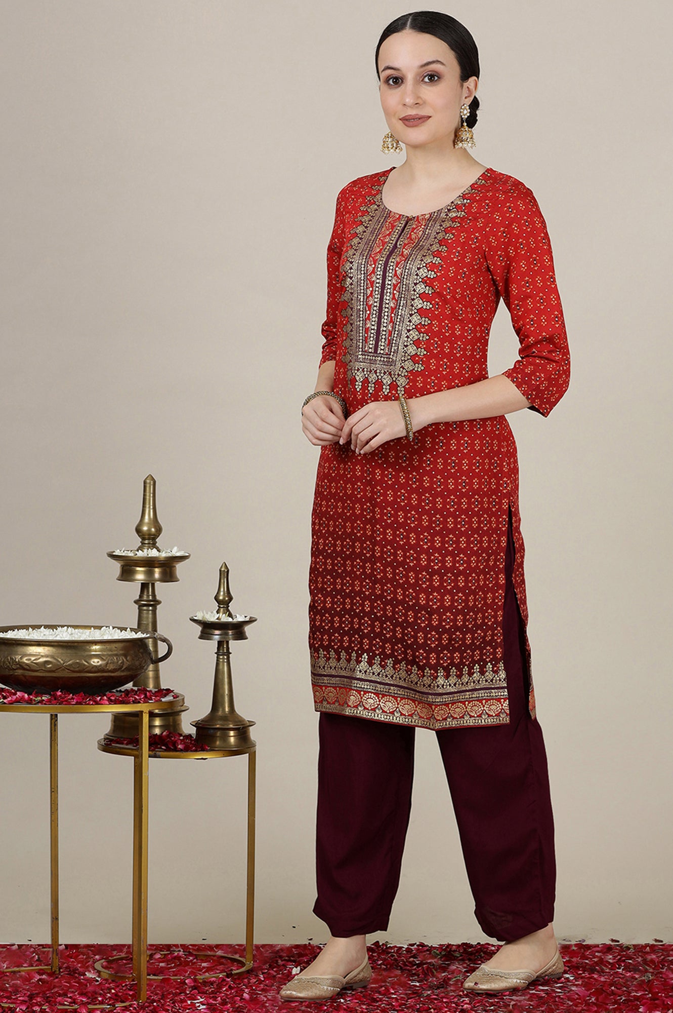 Red Ombre Gold Foil Printed Straight Kurta, Trousers and Dupatta Set