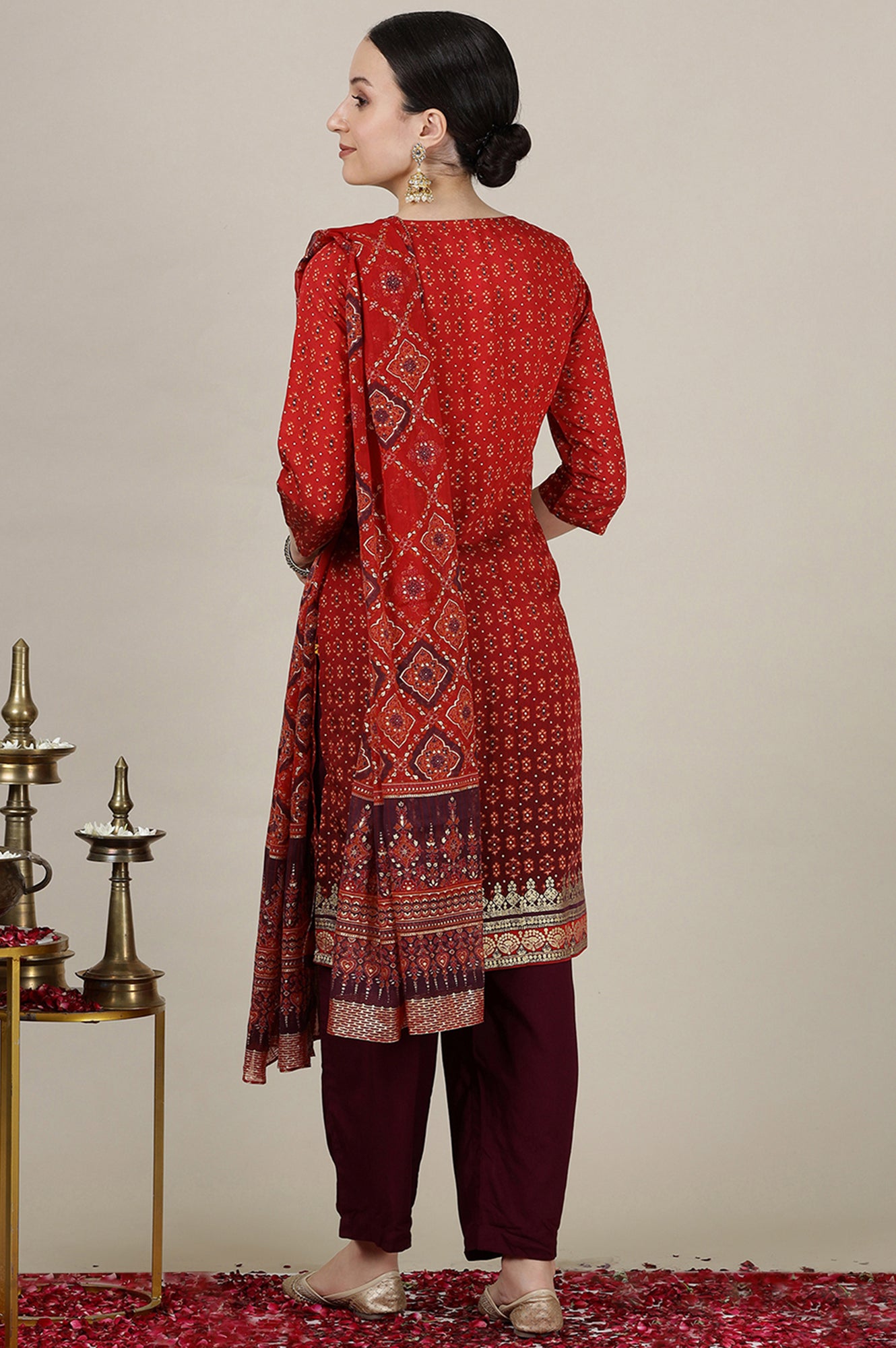 Red Ombre Gold Foil Printed Straight Kurta, Trousers and Dupatta Set