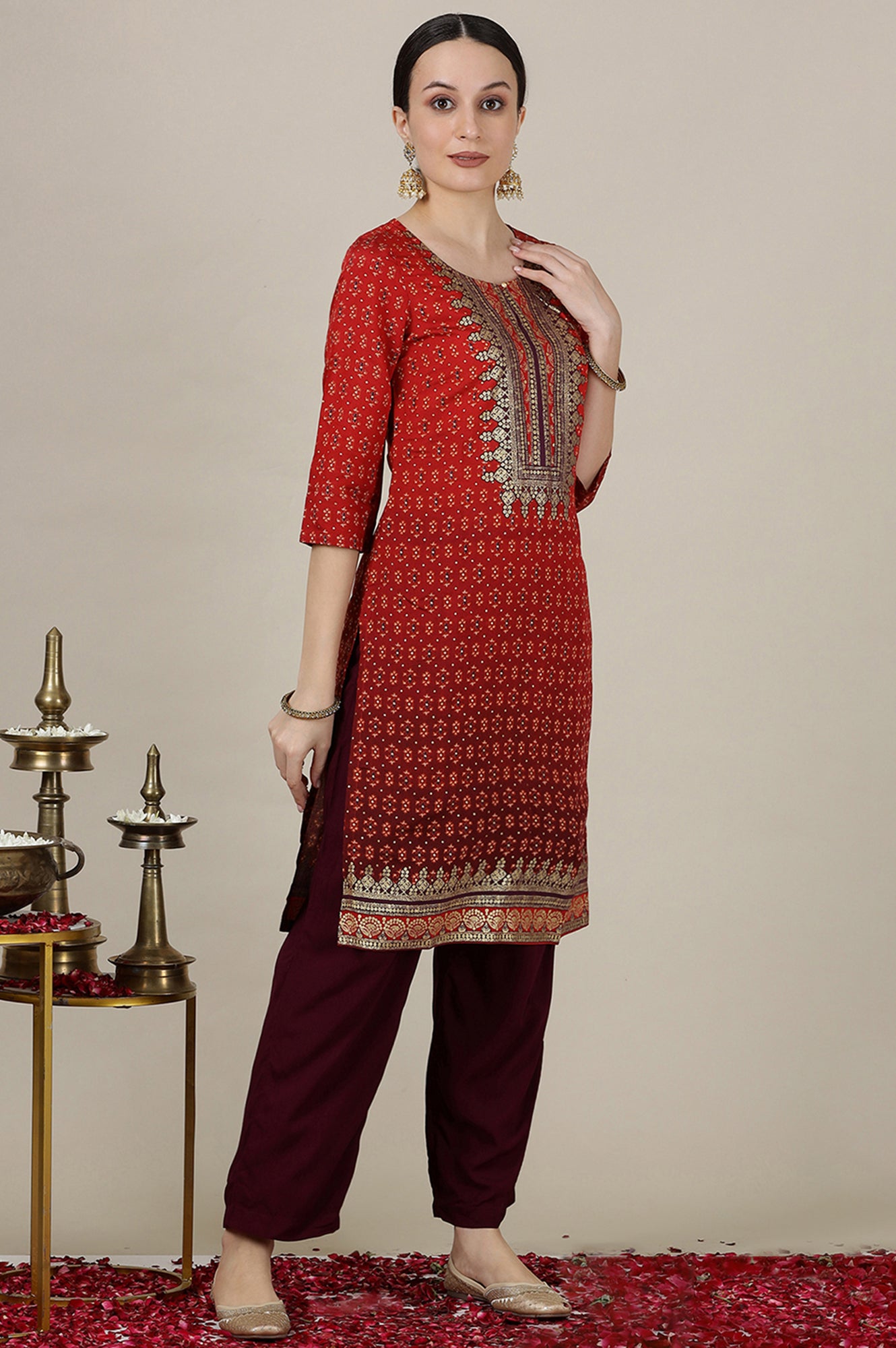 Valentines Red Kurta and Pant set 2024 with Golden Foil Print