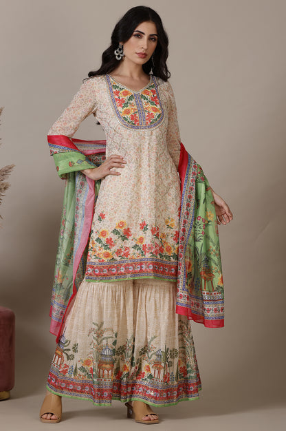 Beige Floral Printed Mirrir Work Short Kurta and Sharara Set with Dupatta