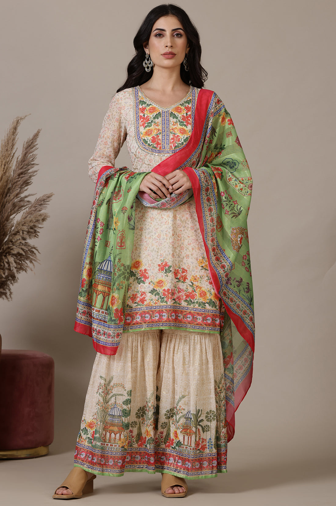 Beige Floral Printed Mirrir Work Short Kurta and Sharara Set with Dupatta