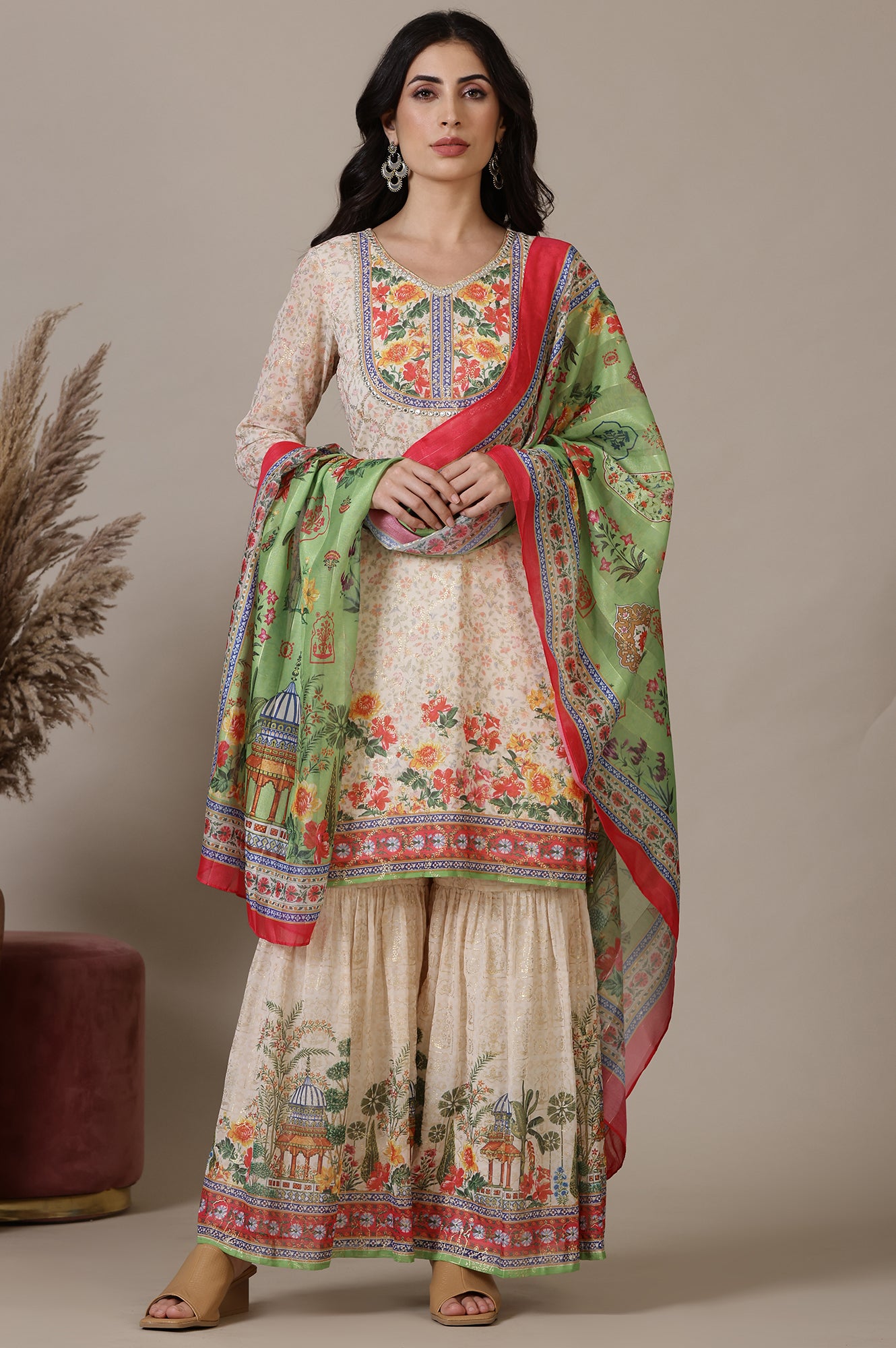 Beige Floral Printed Mirrir Work Short Kurta and Sharara Set with Dupatta