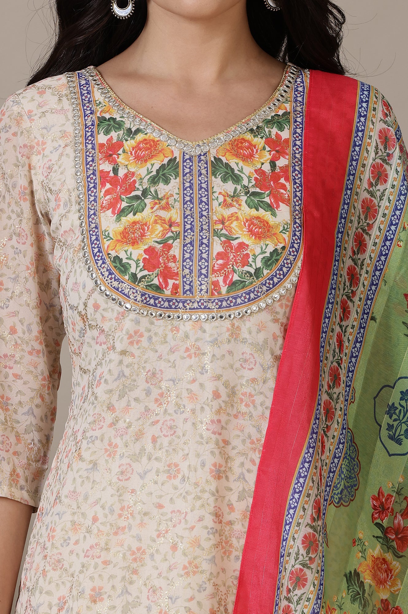 Beige Floral Printed Mirrir Work Short Kurta and Sharara Set with Dupatta