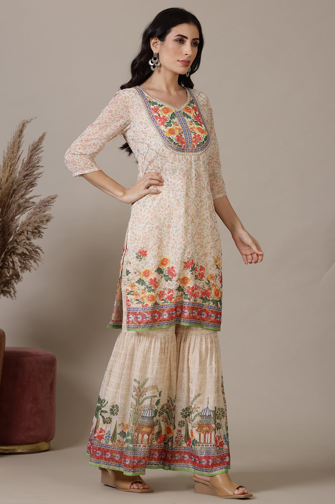 Beige Floral Printed Mirrir Work Short Kurta and Sharara Set with Dupatta