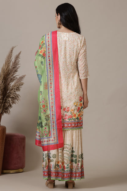 Beige Floral Printed Mirrir Work Short Kurta and Sharara Set with Dupatta