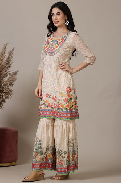 Beige Floral Printed Mirrir Work Short Kurta and Sharara Set with Dupatta