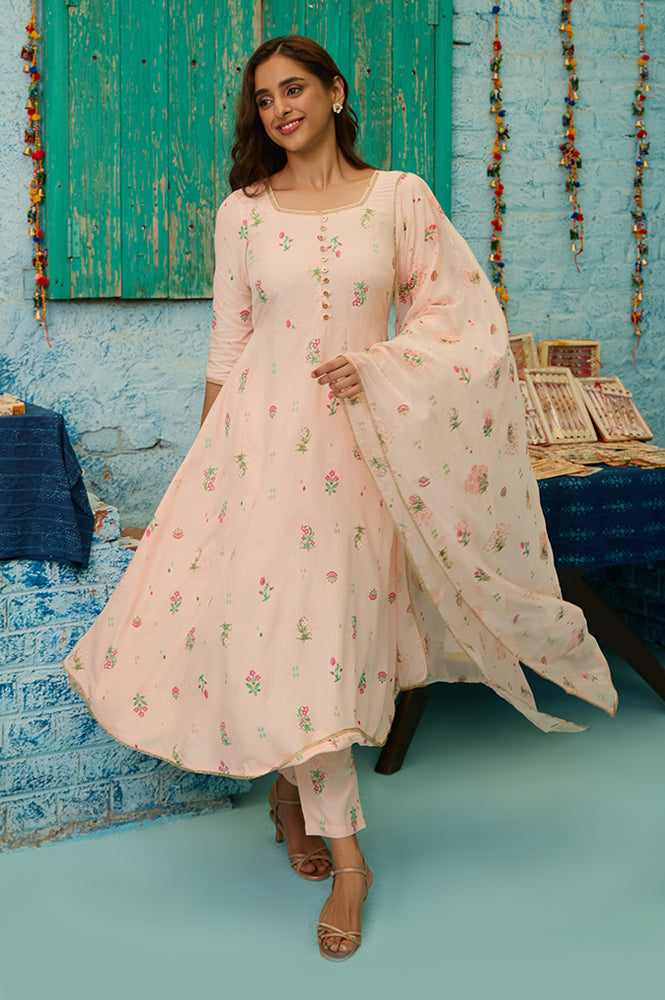 Light Peach Floral Printed Flared Kurta with Lace, Pants and Dupatta Set - XS