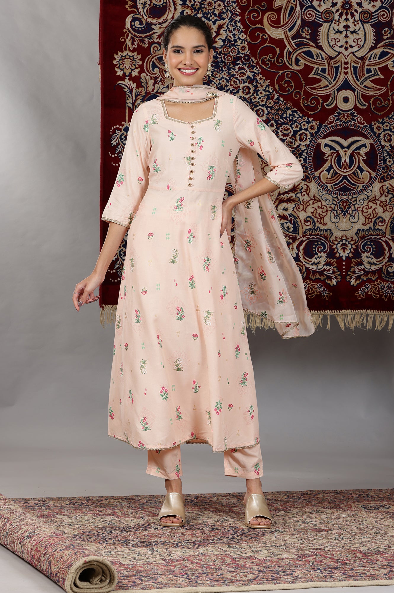 Light Peach Floral Printed Flared Kurta with Lace, Pants and Dupatta Set