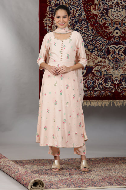 Light Peach Floral Printed Flared Kurta with Lace, Pants and Dupatta Set