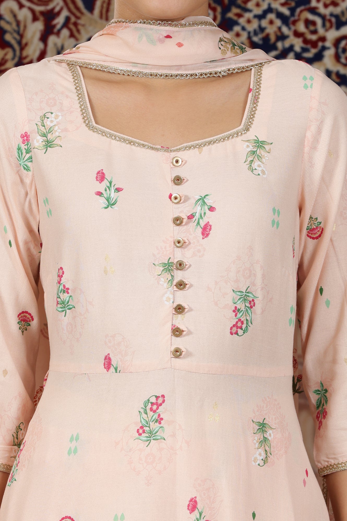 Light Peach Floral Printed Flared Kurta with Lace, Pants and Dupatta Set