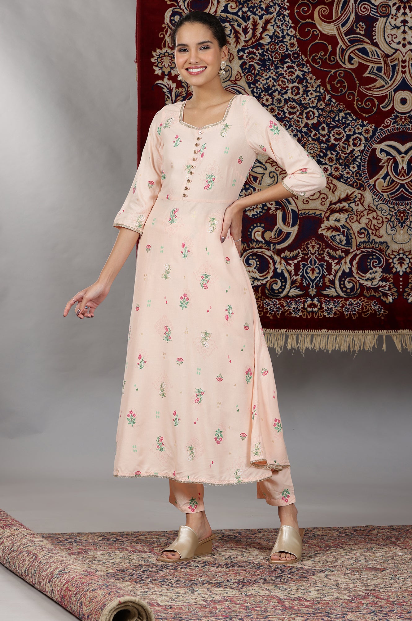 Light Peach Floral Printed Flared Kurta with Lace, Pants and Dupatta Set