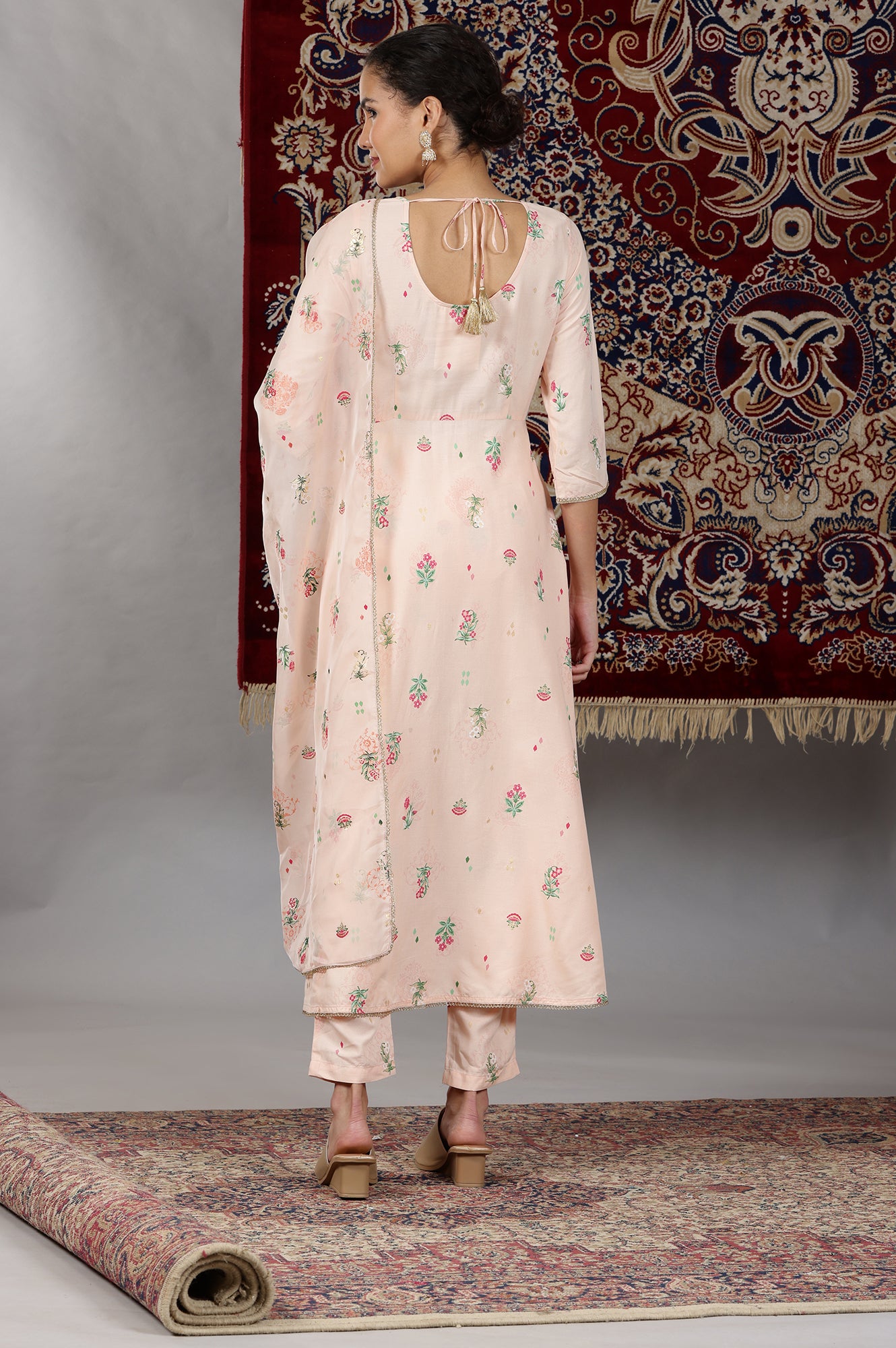 Light Peach Floral Printed Flared Kurta with Lace, Pants and Dupatta Set