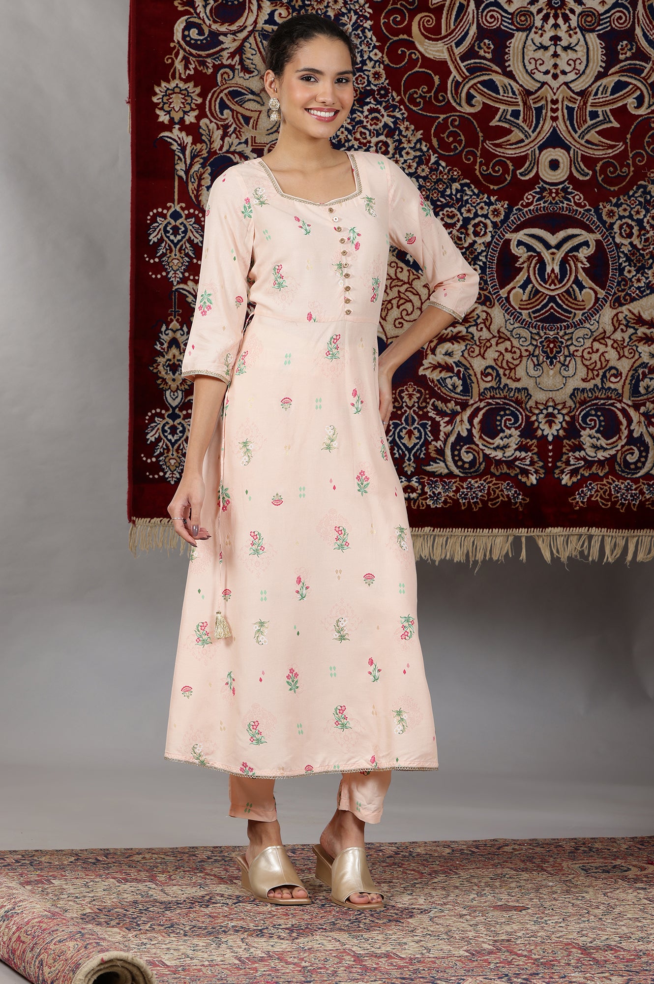 Light Peach Floral Printed Flared Kurta with Lace, Pants and Dupatta Set