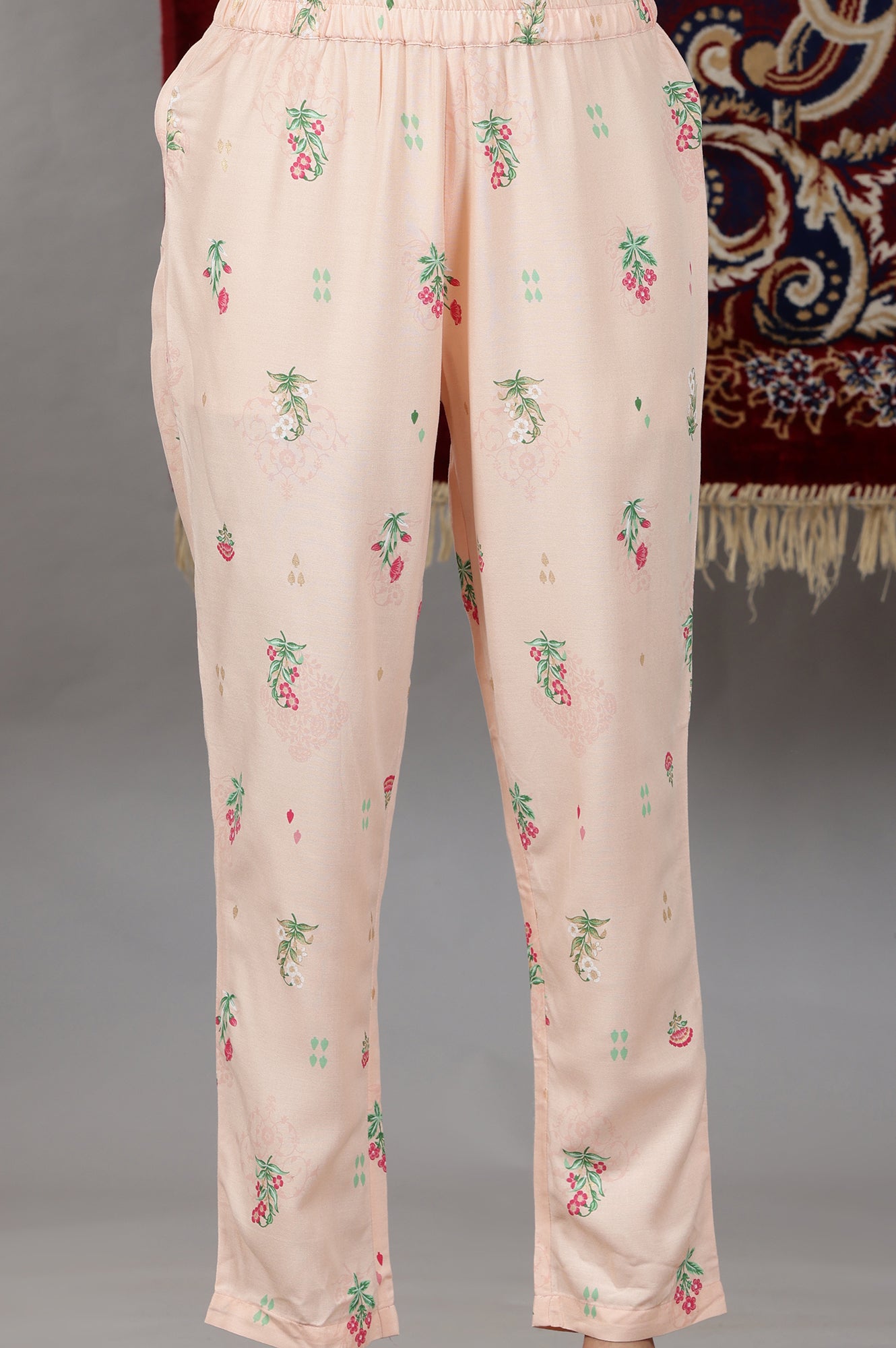 Light Peach Floral Printed Flared Kurta with Lace, Pants and Dupatta Set