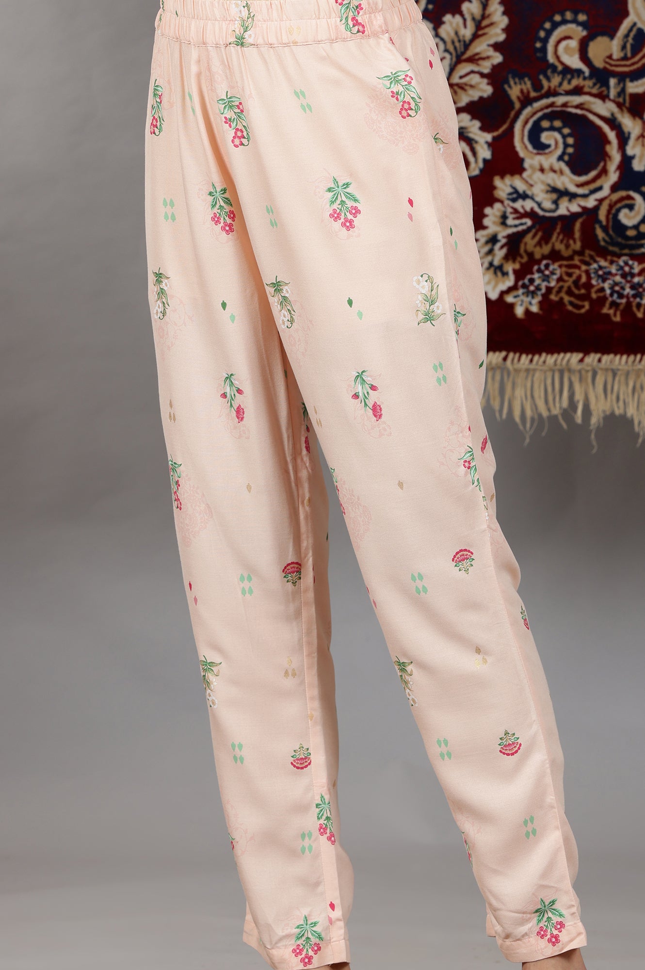 Light Peach Floral Printed Flared Kurta with Lace, Pants and Dupatta Set