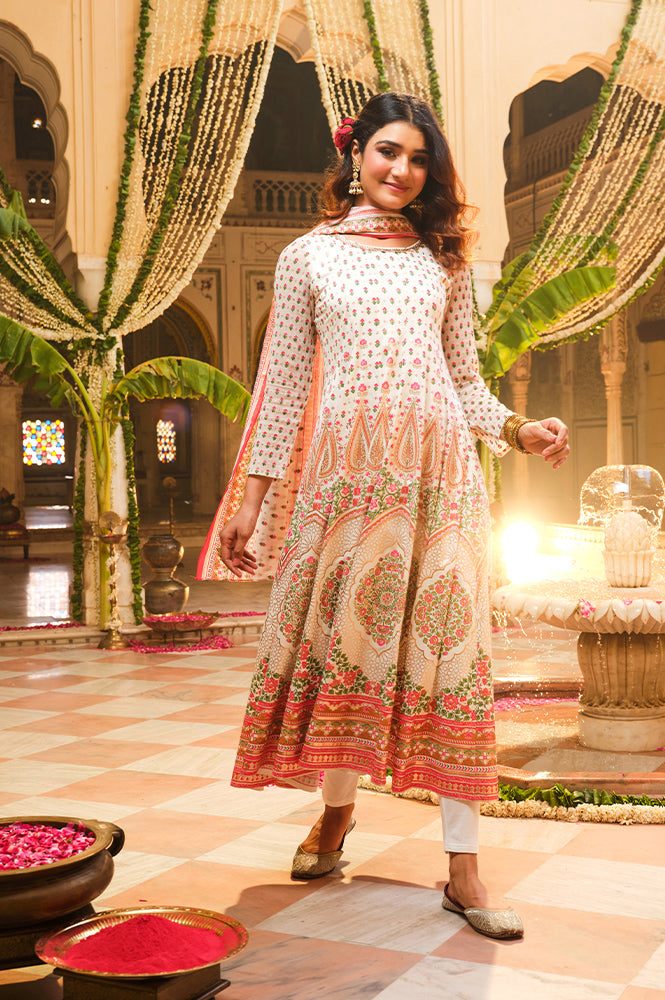 White Floral Printed Flared Anarkali Dress and Dupatta Set