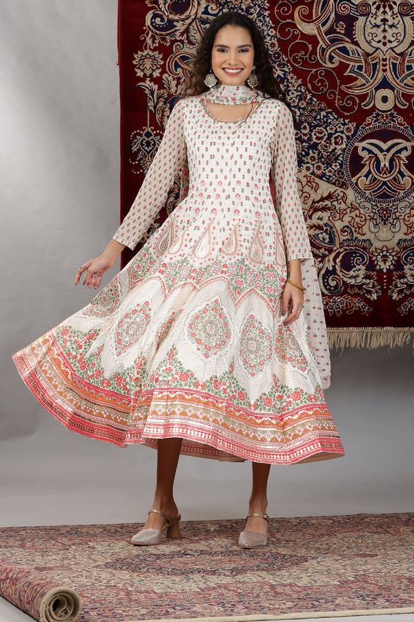 White Floral Printed Flared Anarkali Dress and Dupatta Set