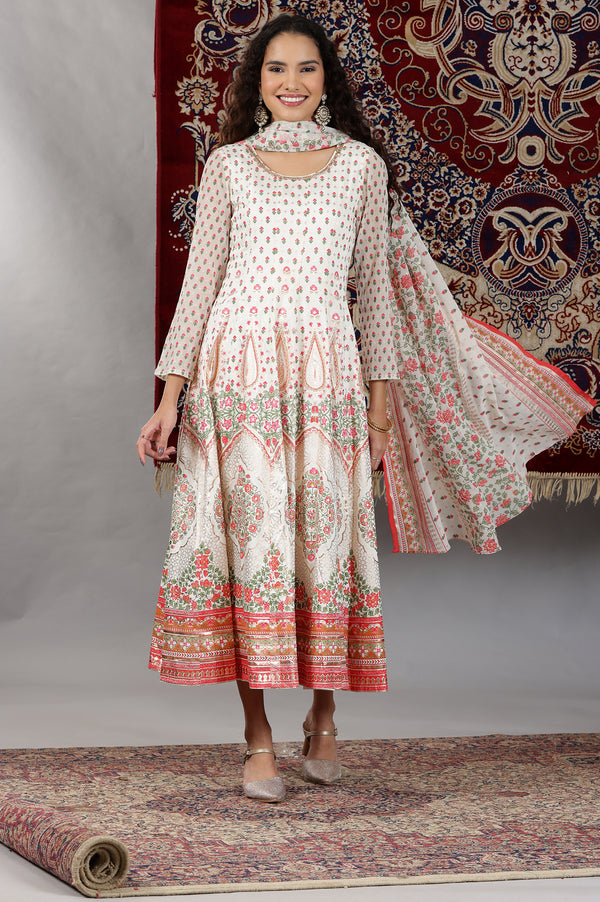 White Floral Printed Flared Anarkali Dress and Dupatta Set