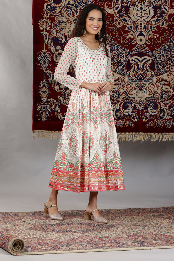 White Floral Printed Flared Anarkali Dress and Dupatta Set