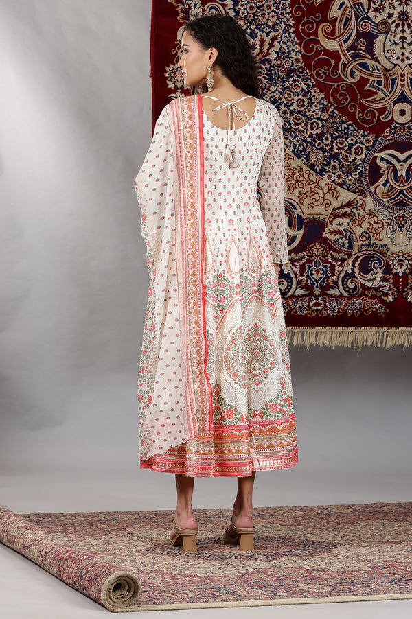 White Floral Printed Flared Anarkali Dress and Dupatta Set