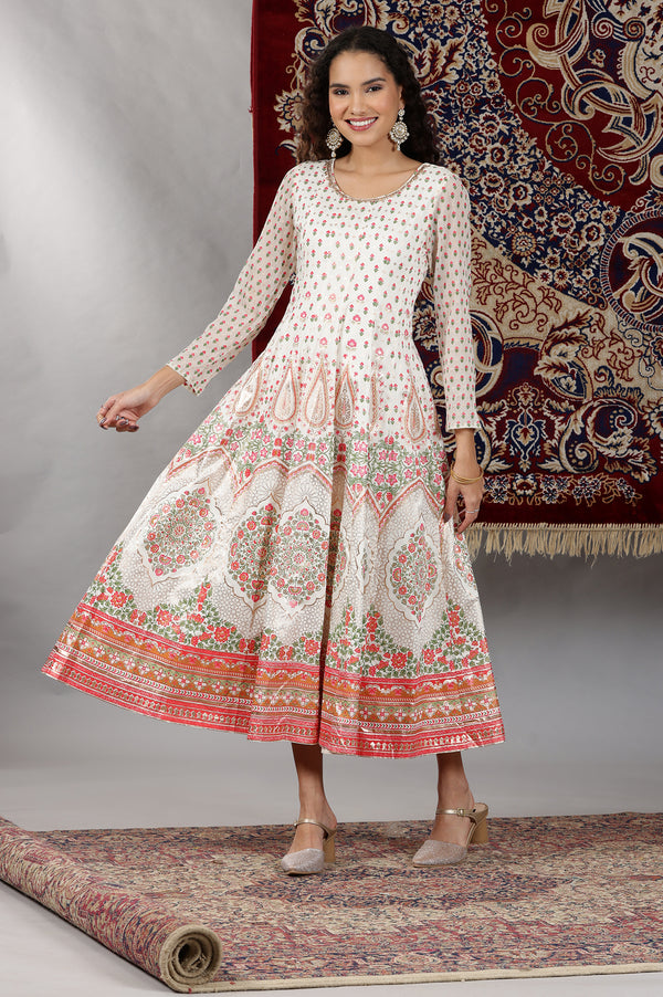 White Floral Printed Flared Anarkali Dress and Dupatta Set