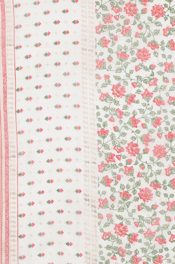 White Floral Printed Flared Anarkali Dress and Dupatta Set