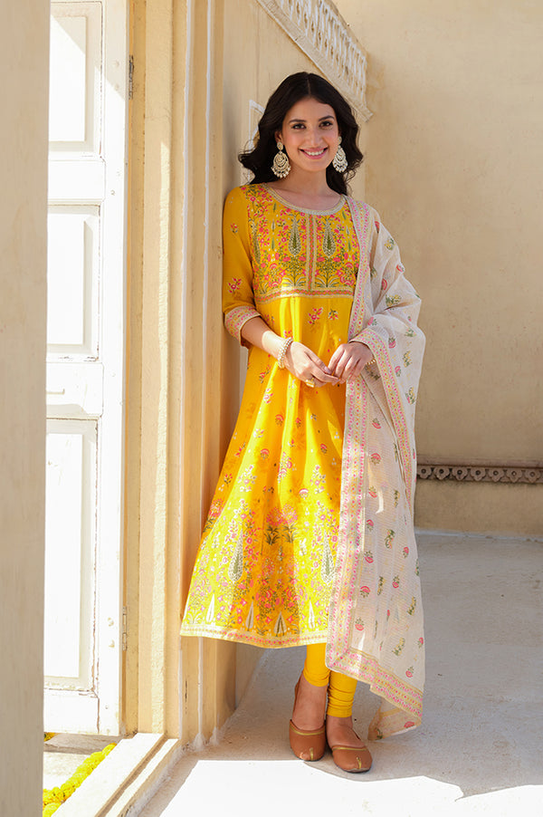 Yellow Floral Printed Flared Kurta with Embellished Neckline, Tights and Dupatta Set