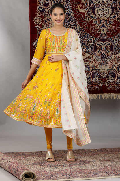 Yellow Floral Printed Flared Kurta with Embellished Neckline, Tights and Dupatta Set