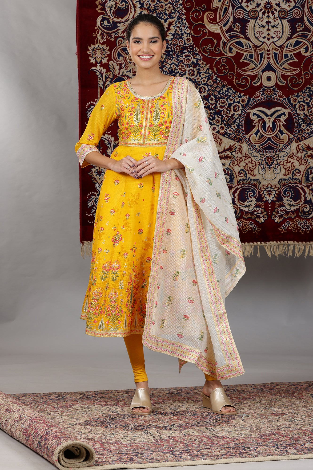 Yellow Floral Printed Flared Kurta with Embellished Neckline, Tights and Dupatta Set