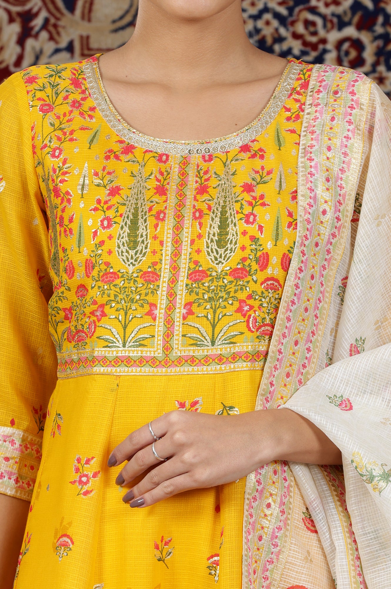 Yellow Floral Printed Flared Kurta with Embellished Neckline, Tights and Dupatta Set