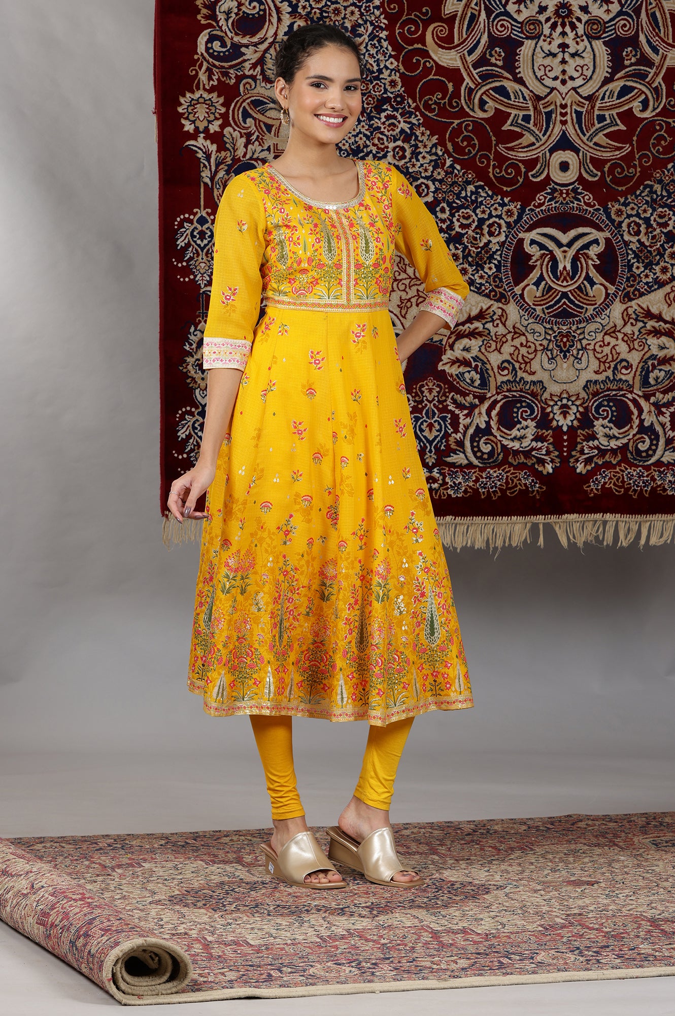 Yellow Floral Printed Flared Kurta with Embellished Neckline, Tights and Dupatta Set