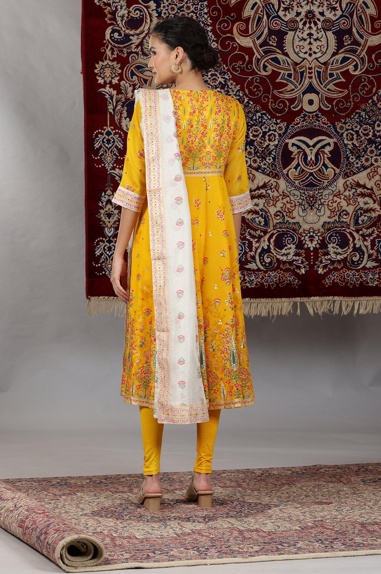 Yellow Floral Printed Flared Kurta with Embellished Neckline, Tights and Dupatta Set