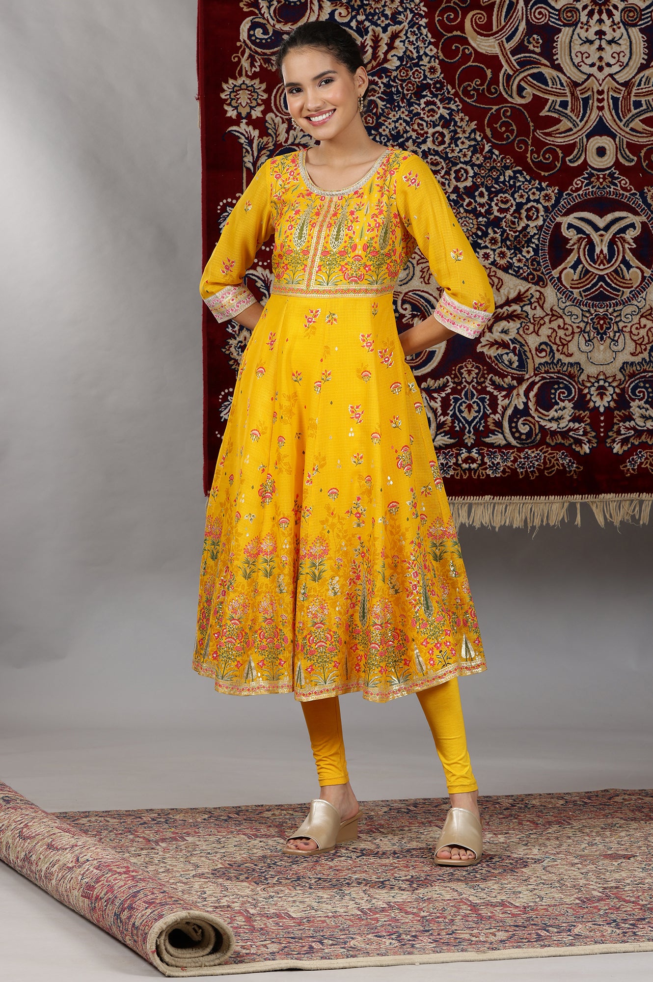 Yellow Floral Printed Flared Kurta with Embellished Neckline, Tights and Dupatta Set