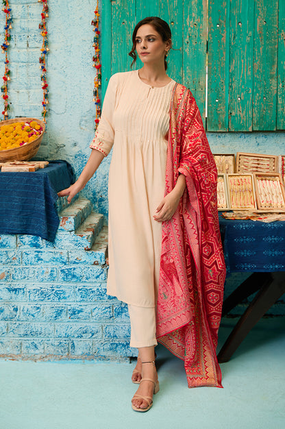 Light Beige Rayon Pin-tuck Embroidered Kurta, Pants and Dupatta Set