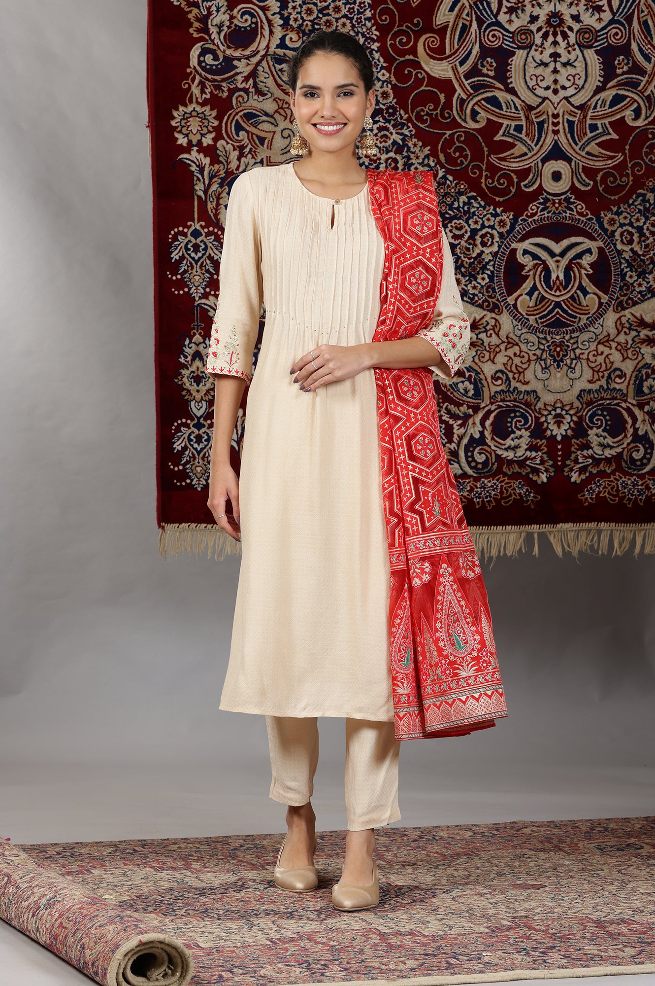 Light Beige Rayon Pin-tuck Embroidered Kurta, Pants and Dupatta Set