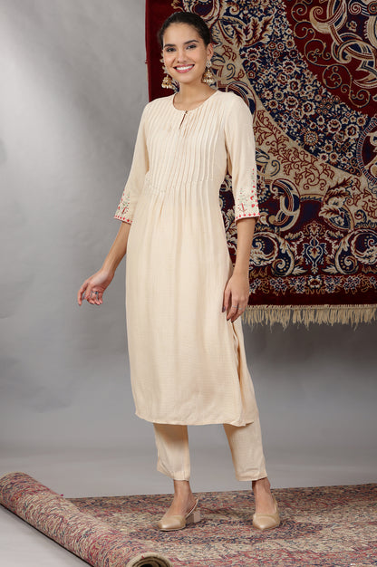 Light Beige Rayon Pin-tuck Embroidered Kurta, Pants and Dupatta Set