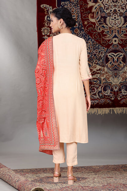 Light Beige Rayon Pin-tuck Embroidered Kurta, Pants and Dupatta Set