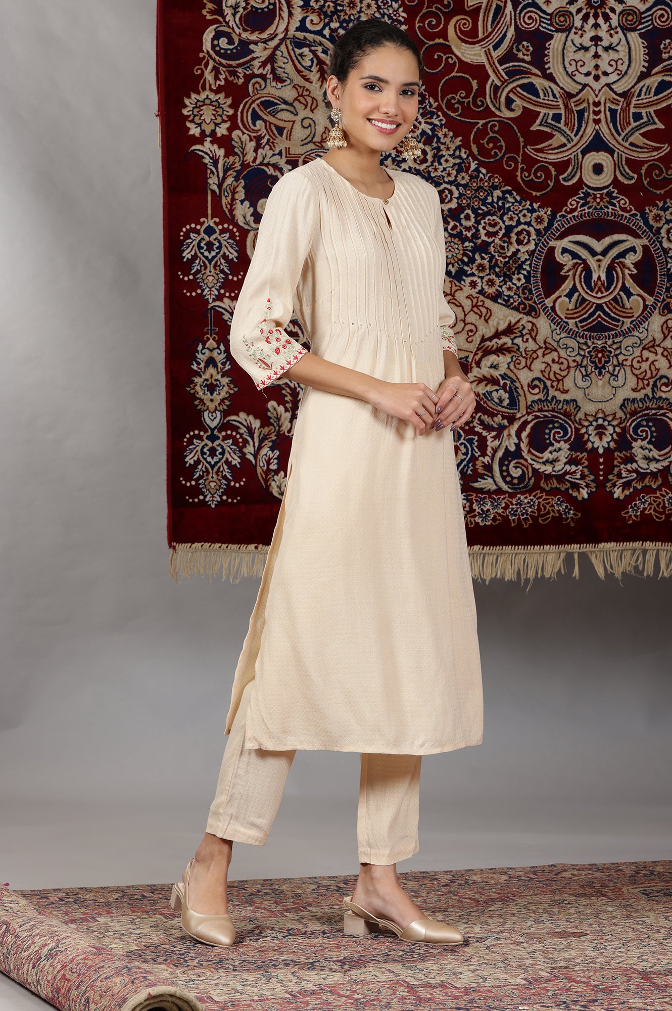 Light Beige Rayon Pin-tuck Embroidered Kurta, Pants and Dupatta Set