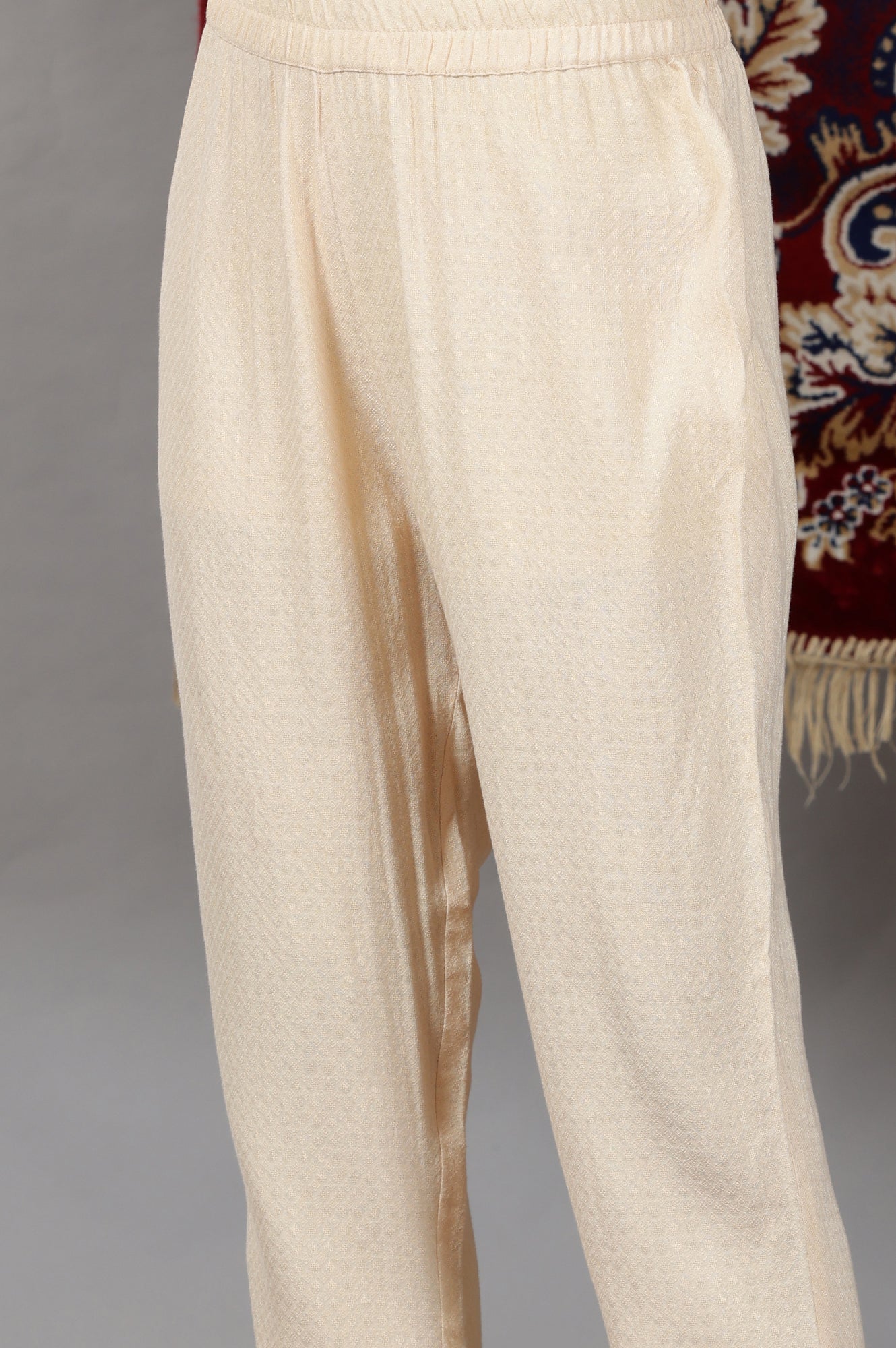 Light Beige Rayon Pin-tuck Embroidered Kurta, Pants and Dupatta Set