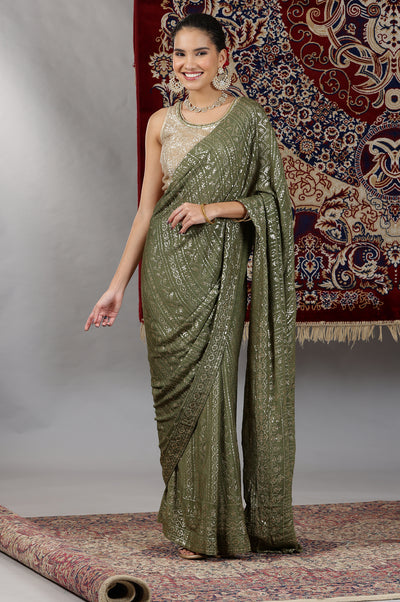Gold and Green Sequin Embellished Crop Top and Pre Stitched Saree Set