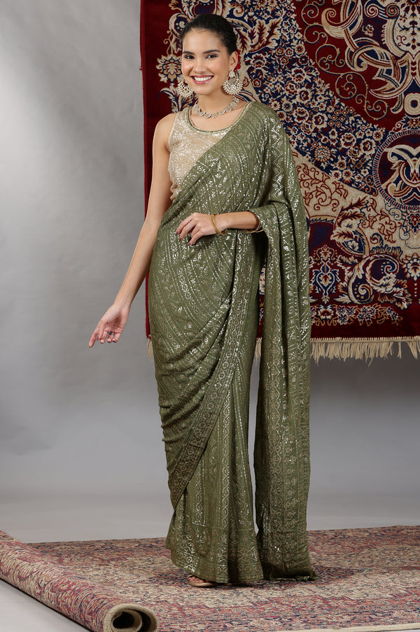 Gold and Green Sequin Embellished Crop Top and Pre Stitched Saree Set