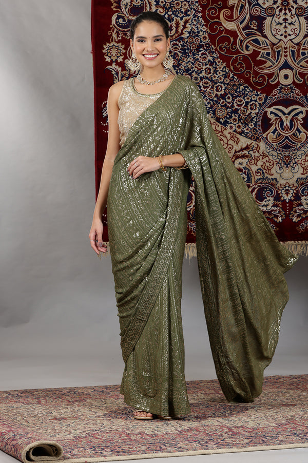 Gold and Green Sequin Embellished Crop Top and Pre Stitched Saree Set