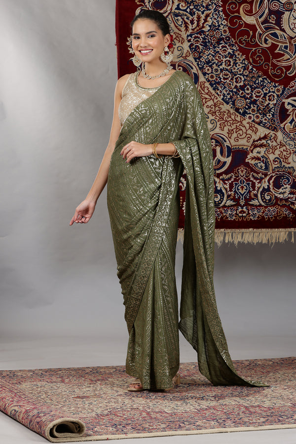 Gold and Green Sequin Embellished Crop Top and Pre Stitched Saree Set