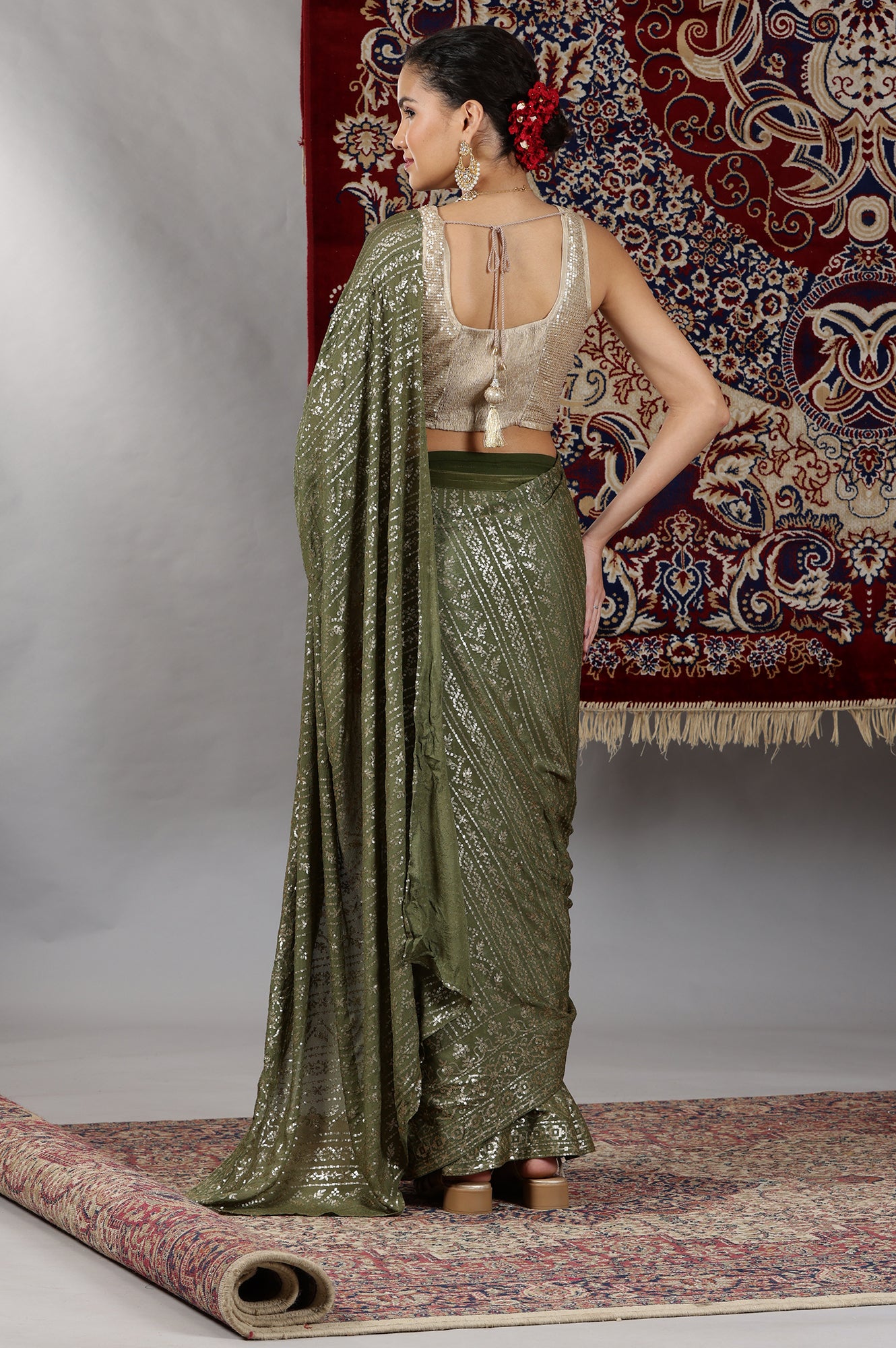 Gold-and-Green-Sequin-Embellished-Crop-Top-and-Pre-Stitched-Saree-Set