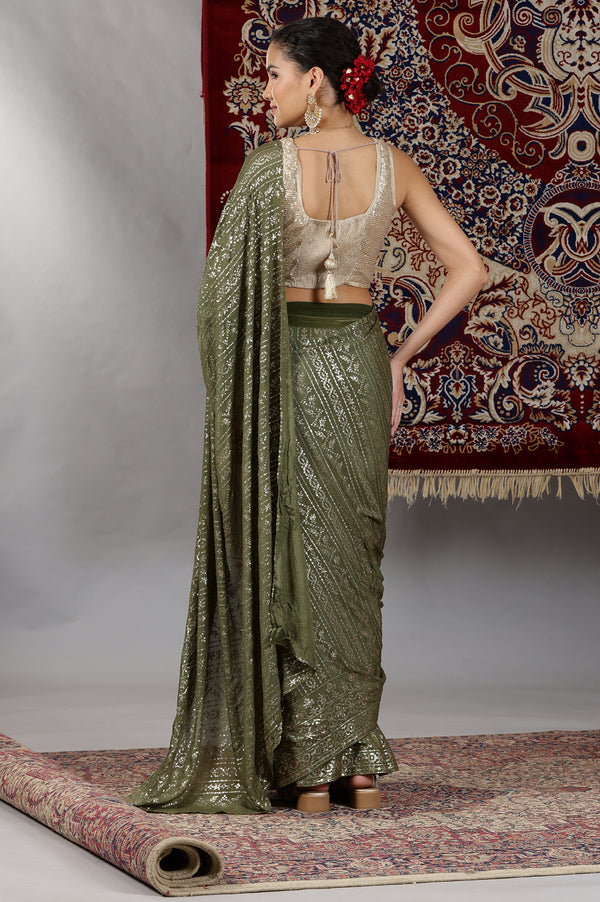 Gold and Green Sequin Embellished Crop Top and Pre Stitched Saree Set