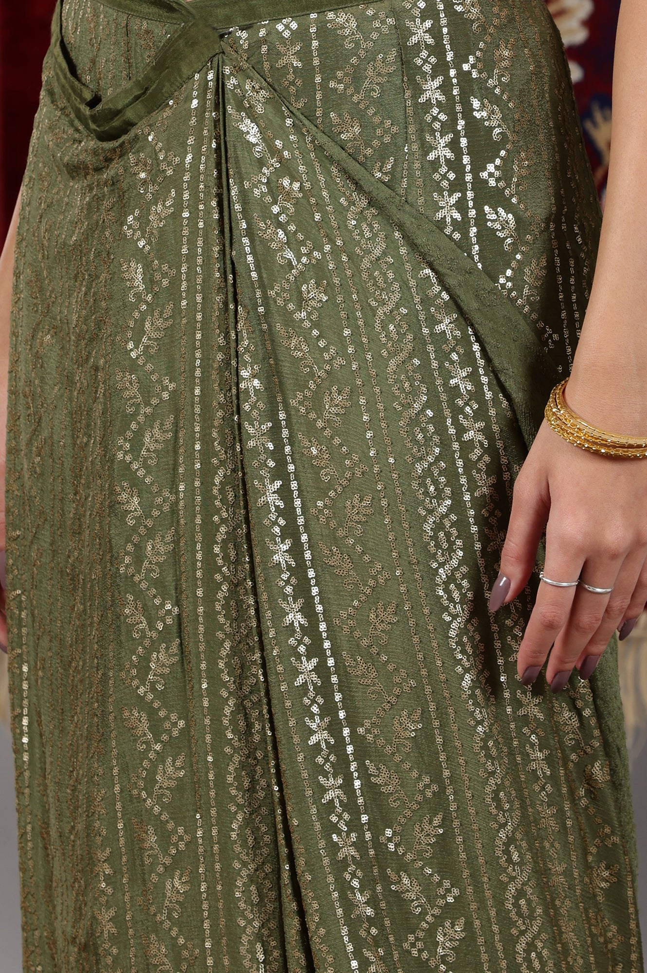 Gold-and-Green-Sequin-Embellished-Crop-Top-and-Pre-Stitched-Saree-Set